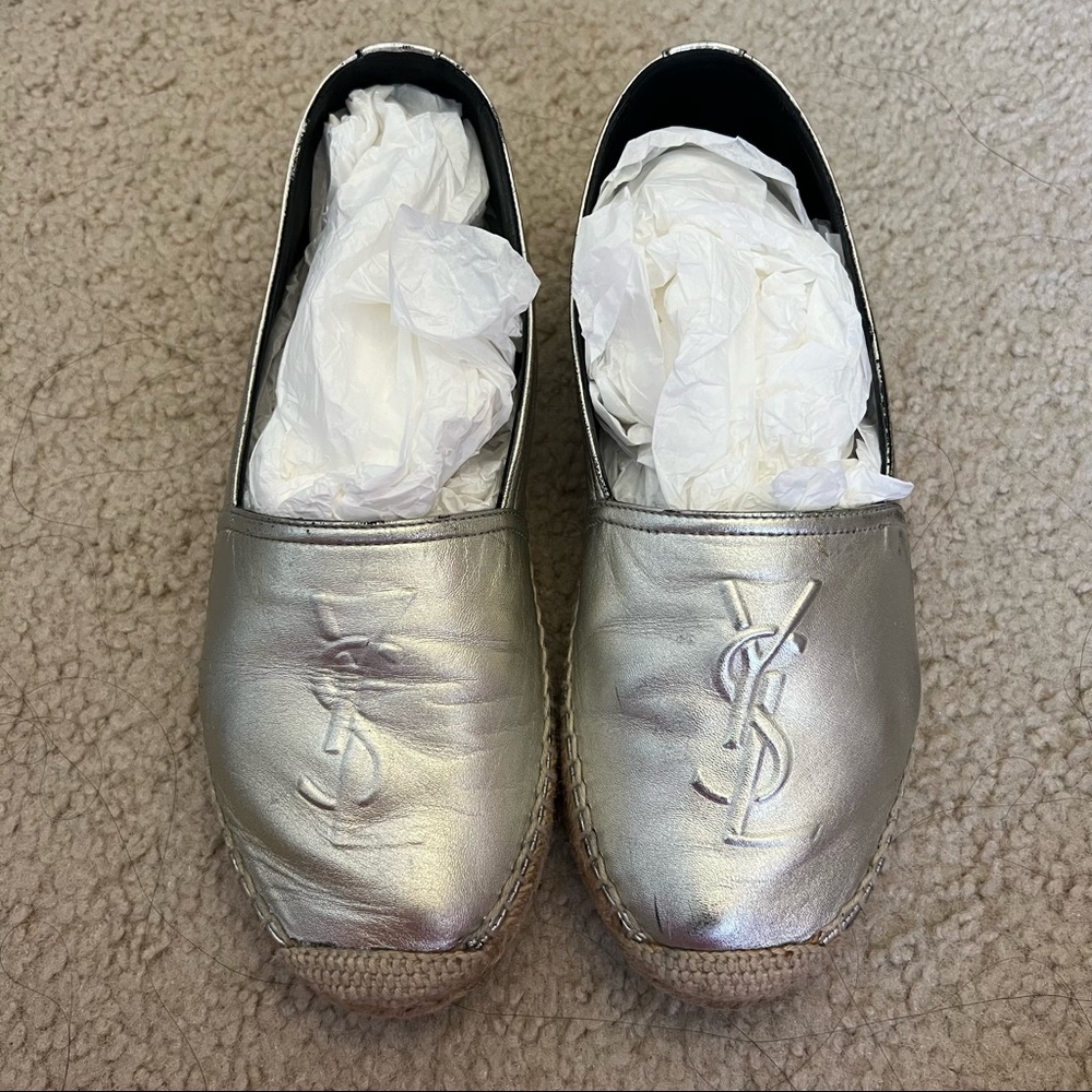 Saint Laurent YSL Logo Espadrille Flat in Silver size 36.5